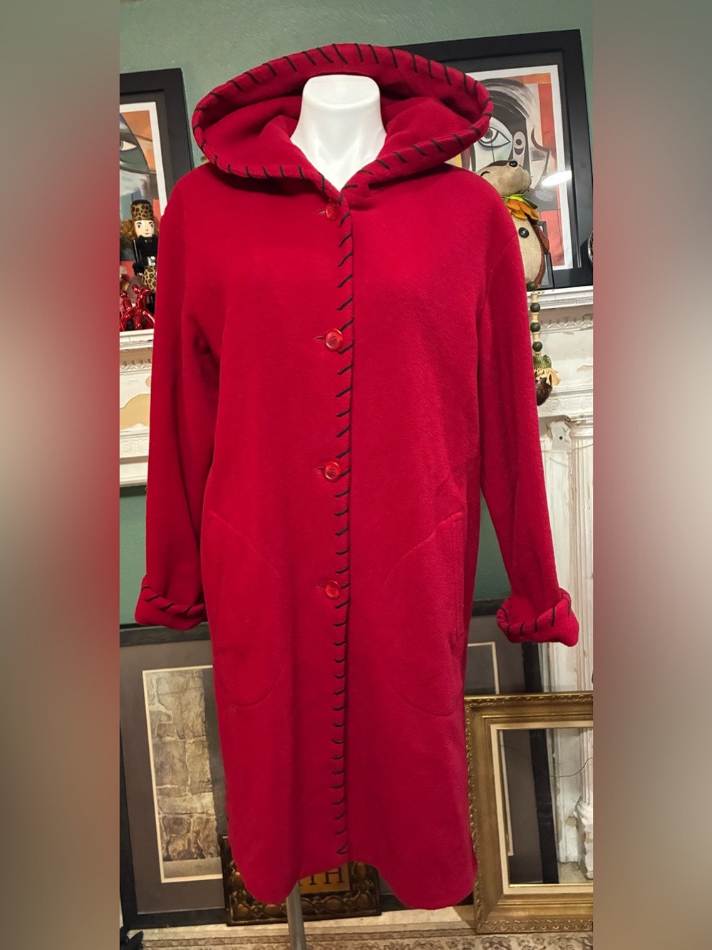 Marvin Richards Red Wool Hooded Coat w/ whipstitch detail-M